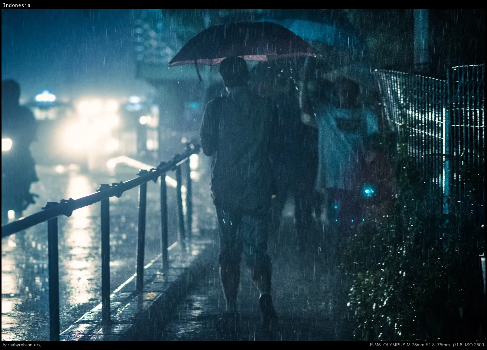 Person with red umbrella walking in heavy rain at night.