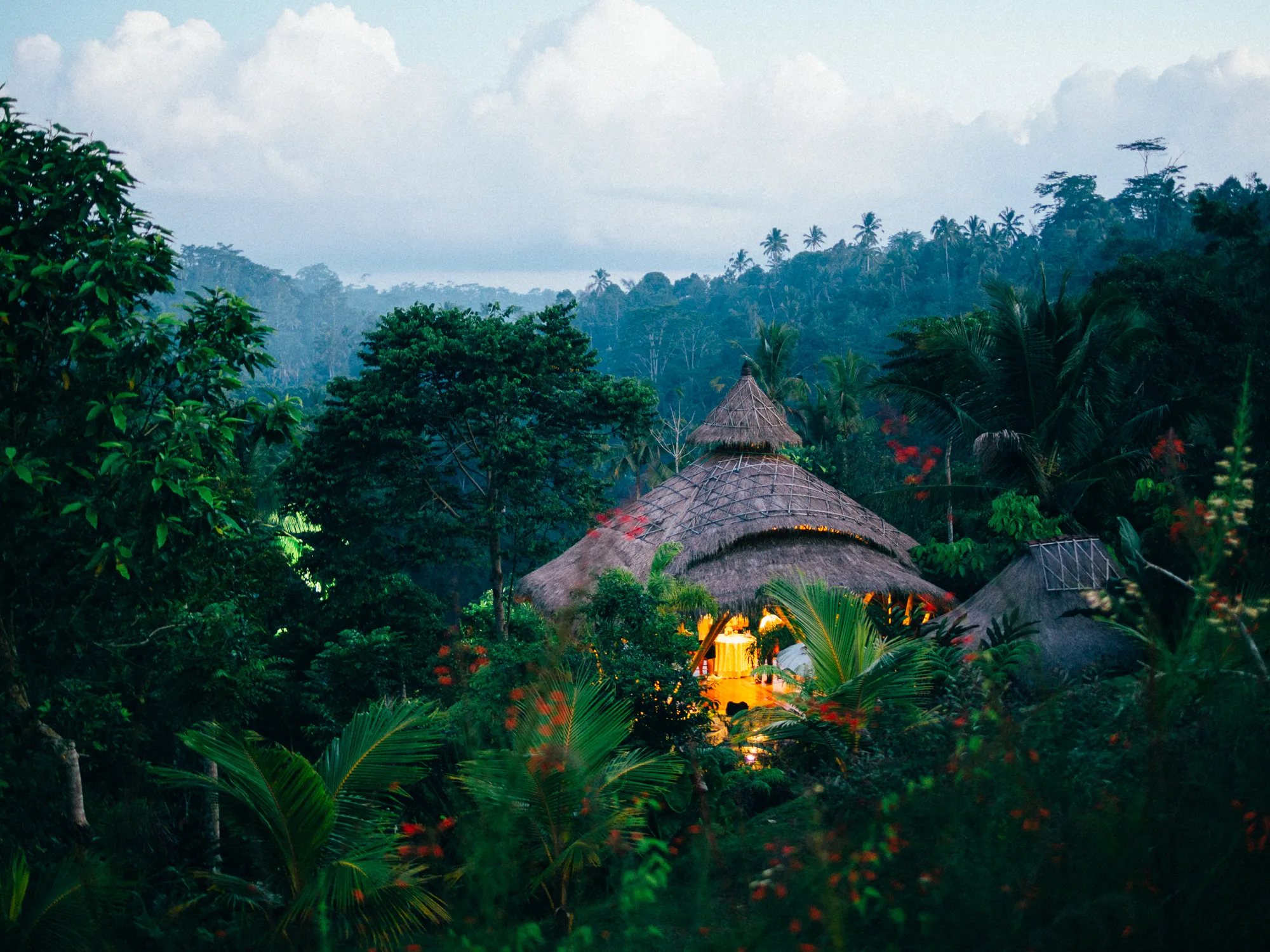 Thatched building with warm lights, surrounded by dense jungle foliage.