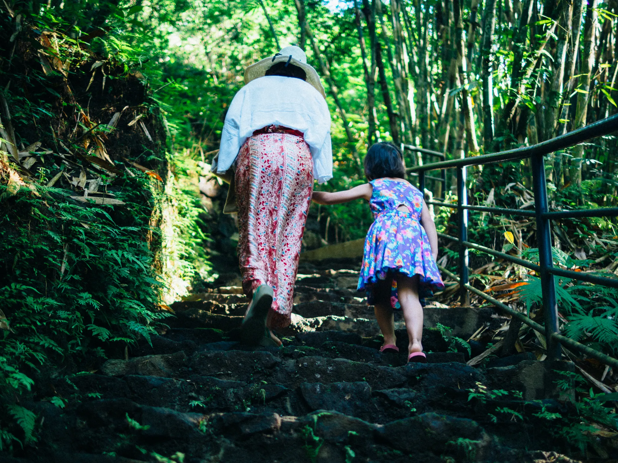 Adult and child ascend jungle steps, holding hands, with green foliage.
