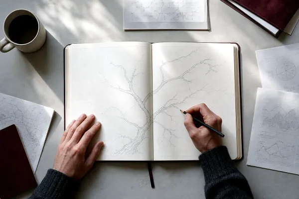 An overhead view of a forecaster's desk in winter light, a hand drawing branching pencil paths across an open planner amid research pages.