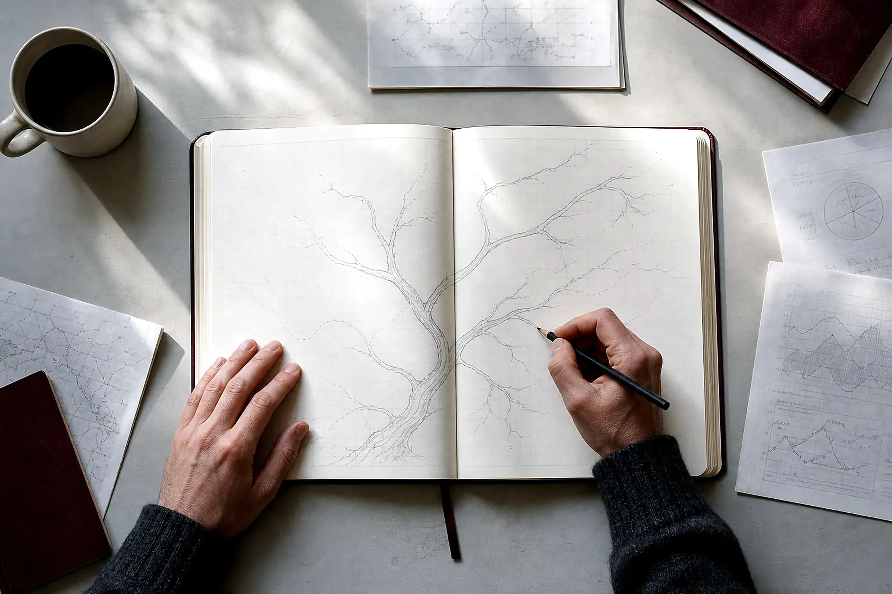 An overhead view of a forecaster's desk in winter light, a hand drawing branching pencil paths across an open planner amid research pages.