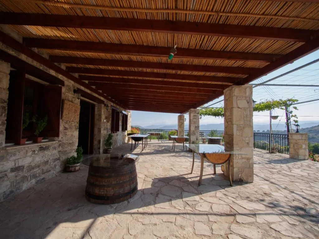 The terrace at Tsangarides Winery, vines and the valley beyond