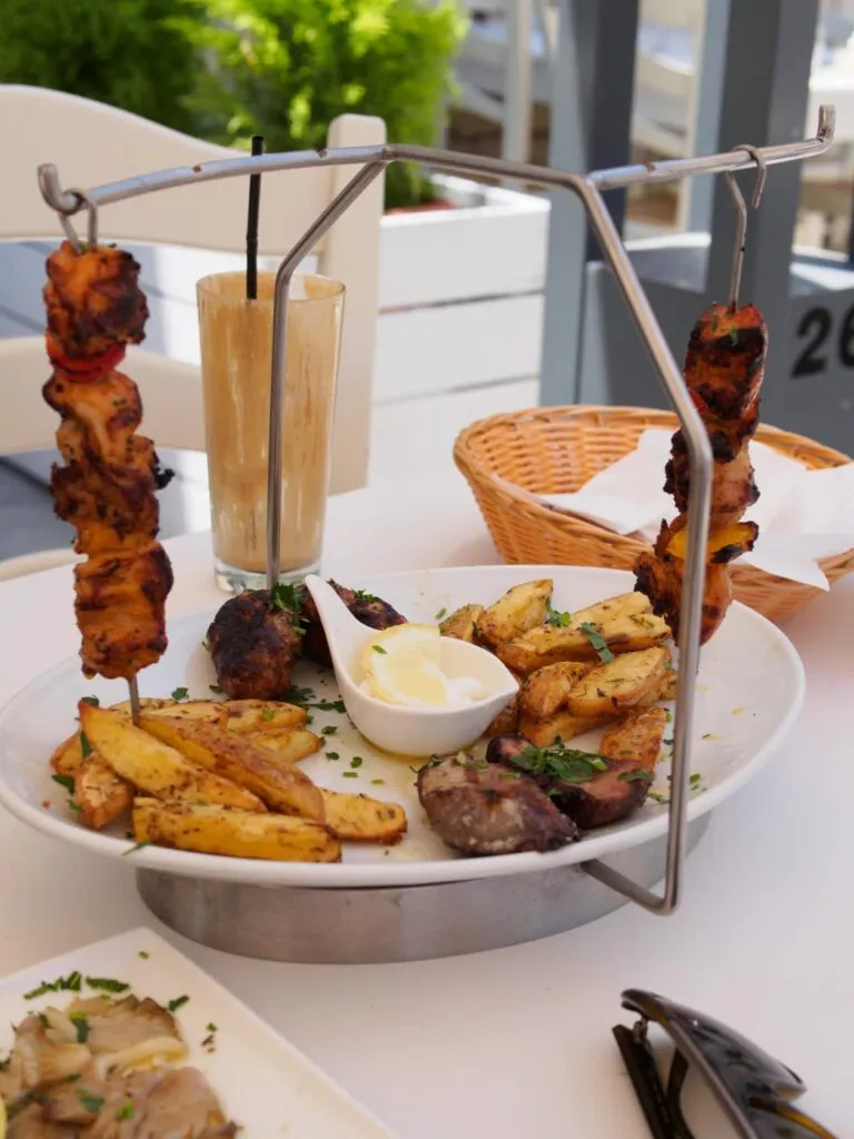 Souvla on its hanging skewer stand at Karatello