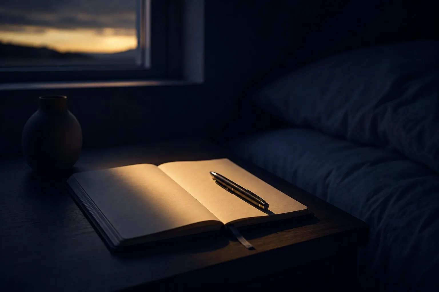 An open notebook and pen on a bedside table in the half-light of dawn