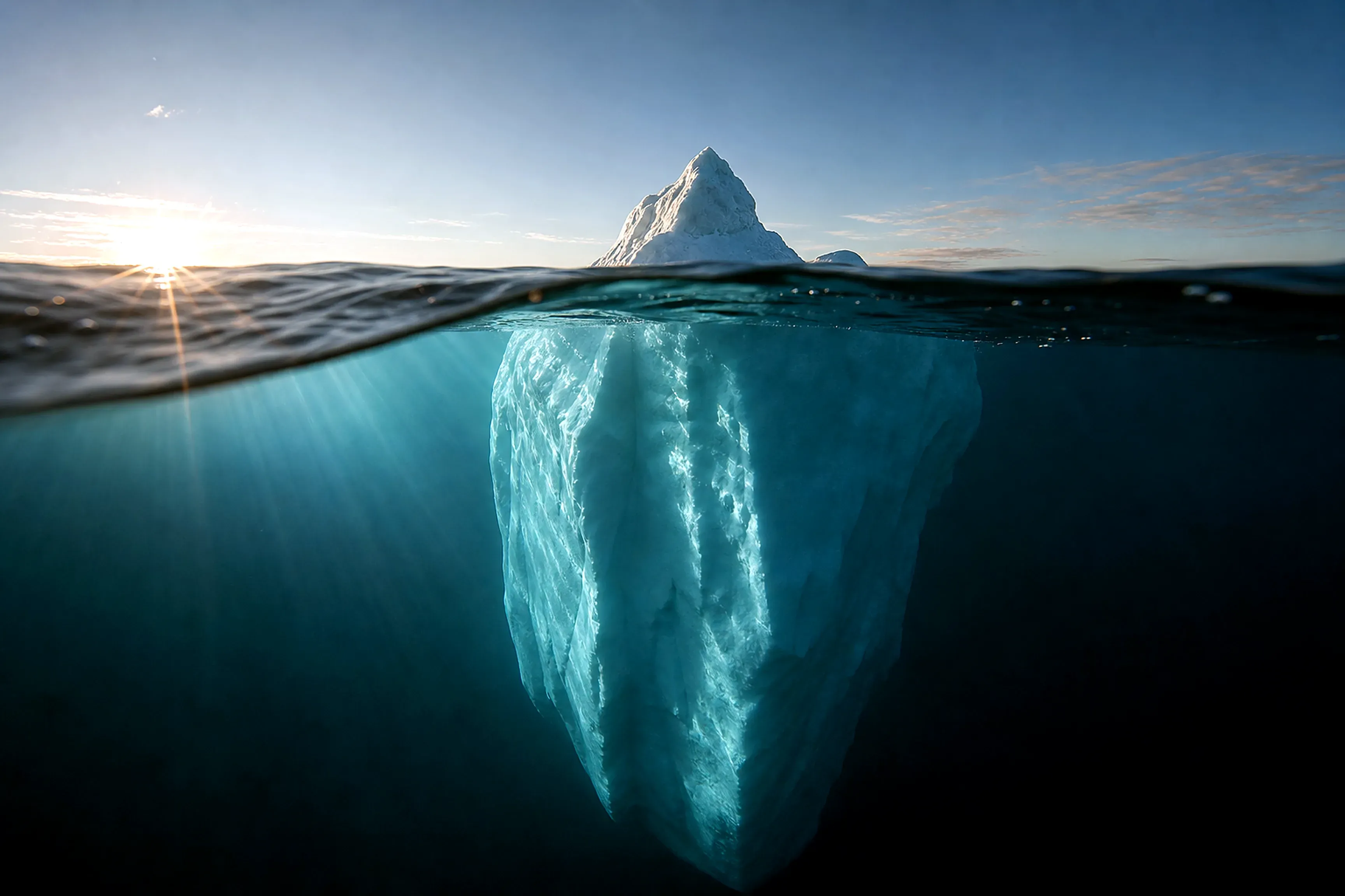An iceberg seen half above and half below the waterline: a small sunlit tip in the sky, a vast glowing mass filling the sea beneath.