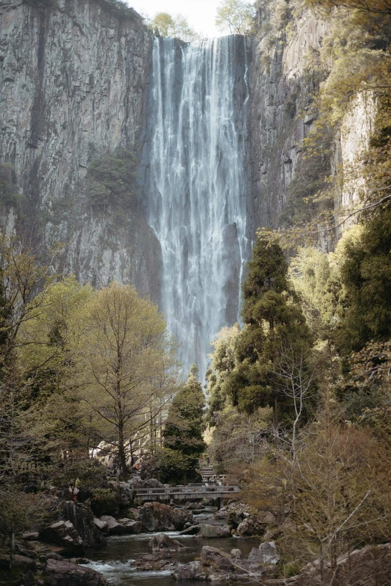 A tall waterfall falling between cliffs, a footbridge and rocky stream in the wooded foreground.