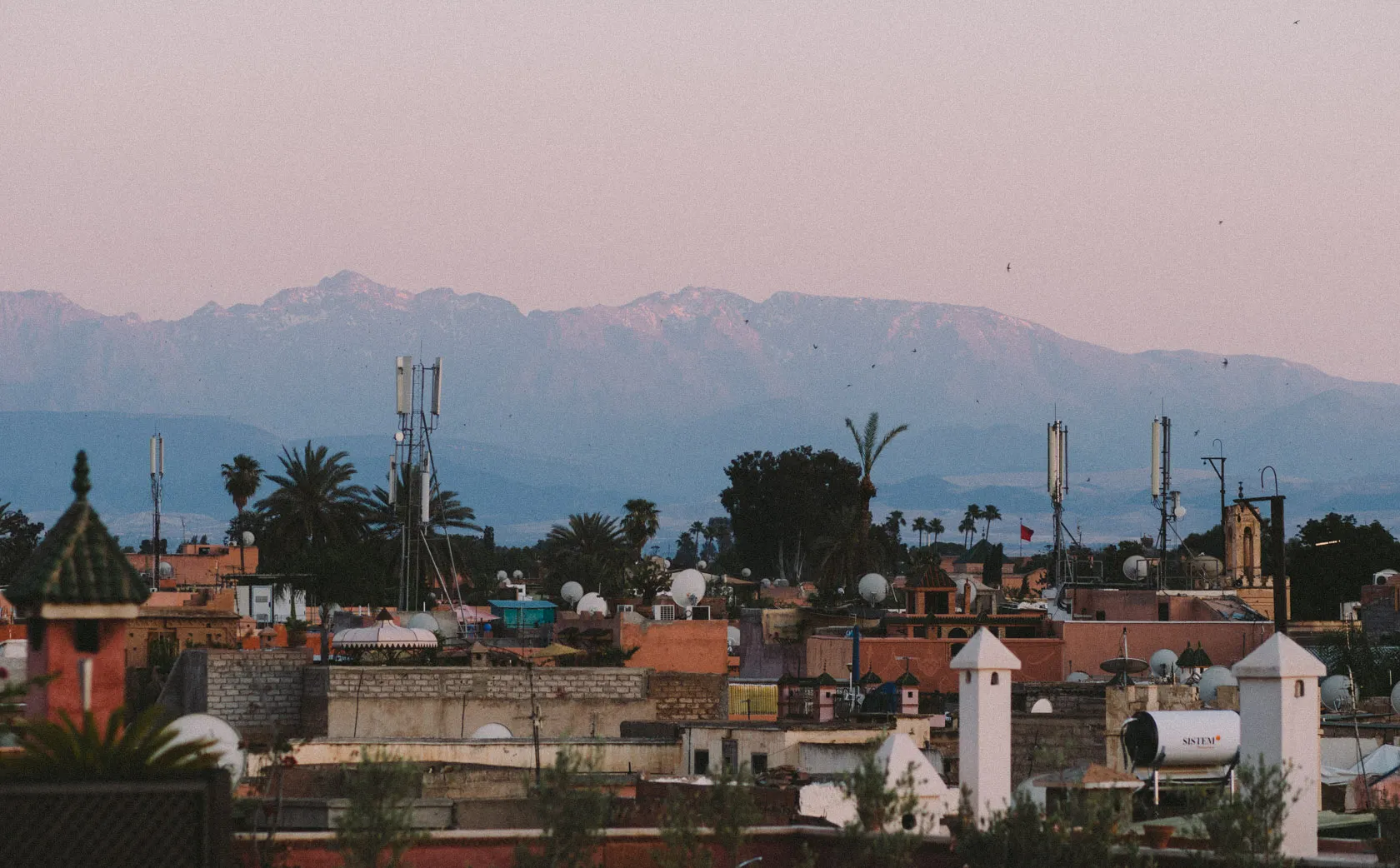 Urban rooftops, palm trees, and cell towers with distant mountains at dusk.