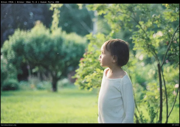 Young child in white top looking left in a sunny garden.