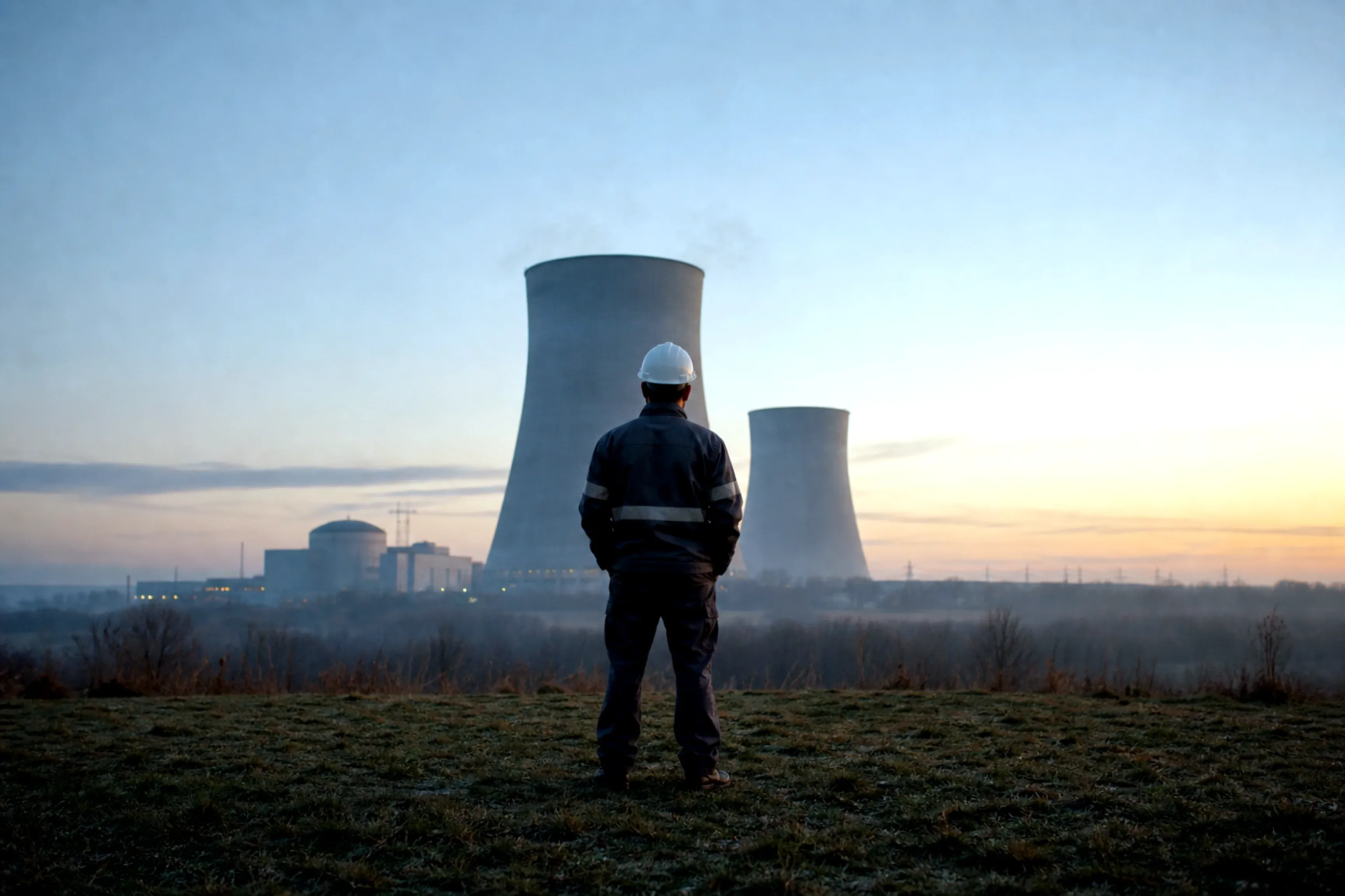 A lone engineer in a hard hat, seen from behind, facing the cooling towers of a nuclear power station across misty ground at dawn.