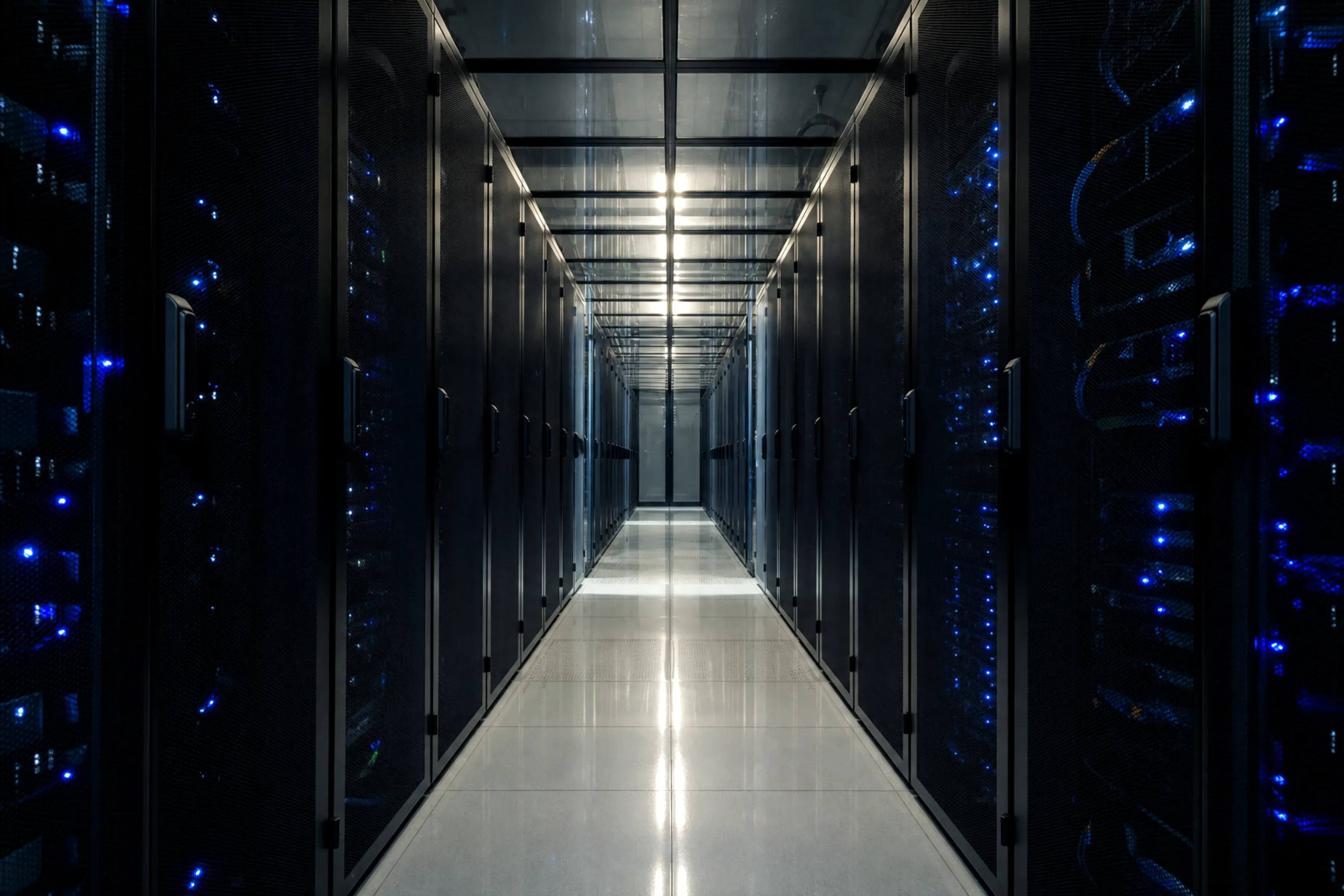 The interior of a data centre — rows of dark server racks receding to a bright vanishing point down a reflective aisle.