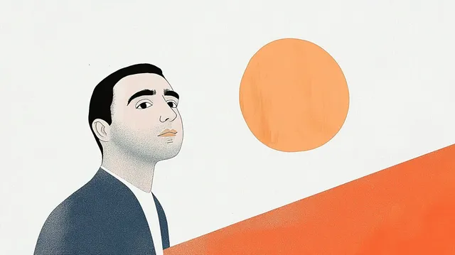 A stylised illustration of a man in a dark jacket looking upward, against cream and orange shapes.