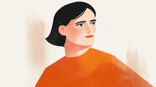 Illustration of a woman with dark hair and orange top, looking right.