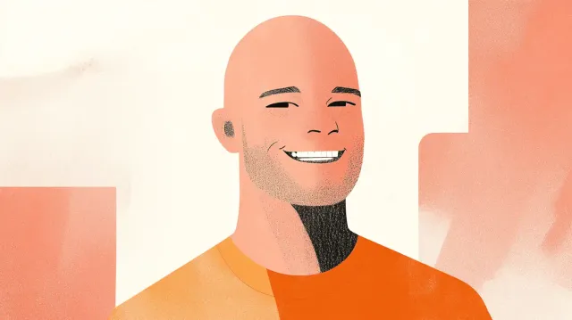Illustration of a smiling bald man with stubble, wearing an orange t-shirt.