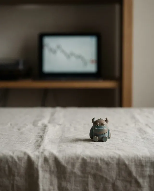 A quiet still-life photograph of a small collectible monster-pet figurine alone on pale linen, a declining line chart dim on a screen in the background.
