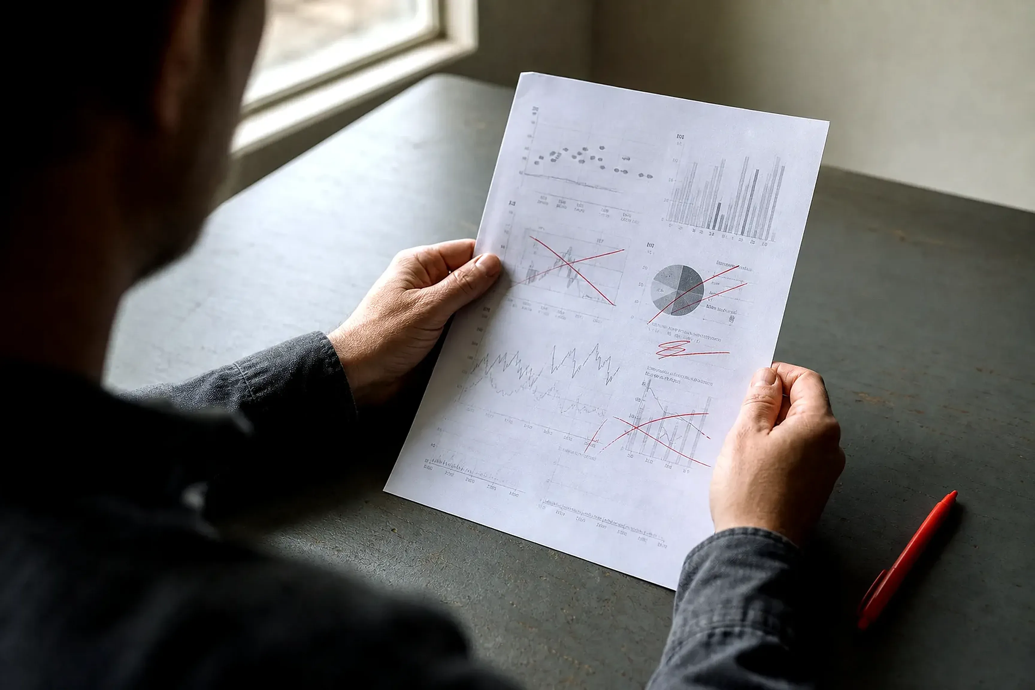 Hands at a quiet desk holding a printed sheet of charts, several figures struck through in red ink, a red pen resting nearby.
