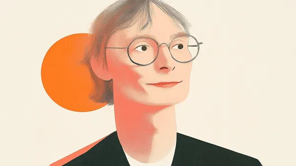A stylised illustration of a grey-haired person in round glasses, against a cream ground with an orange disc.