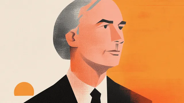 Geometric illustration of a man in profile against a split orange and cream background.