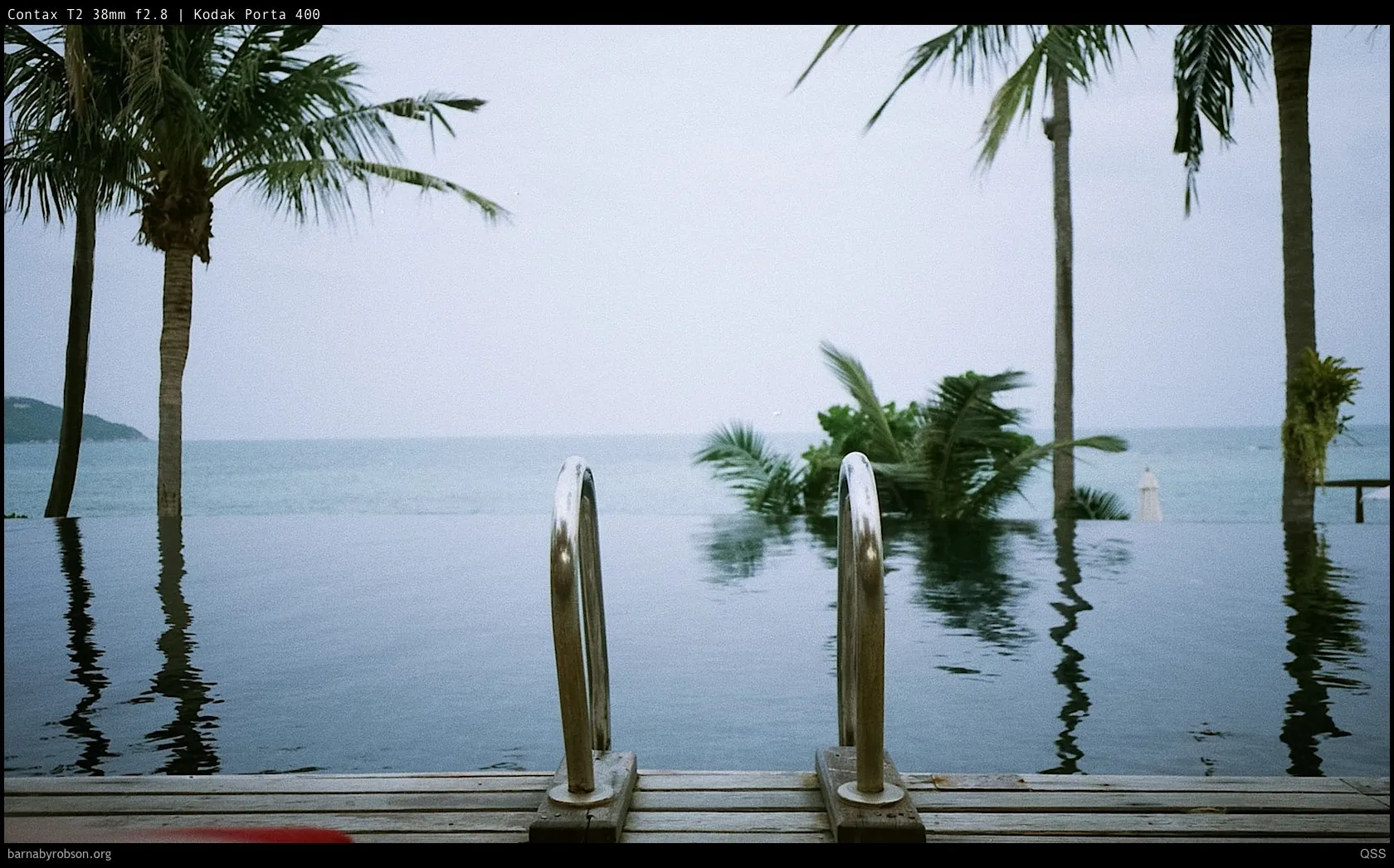 Infinity pool with metal ladders, palm trees, and ocean under an overcast sky.