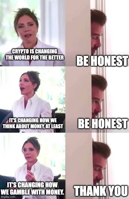 Crypto Beckham meme — David and Victoria discussing cryptocurrency