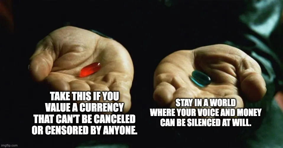 Red pill blue pill crypto meme — choosing to see through the financial system