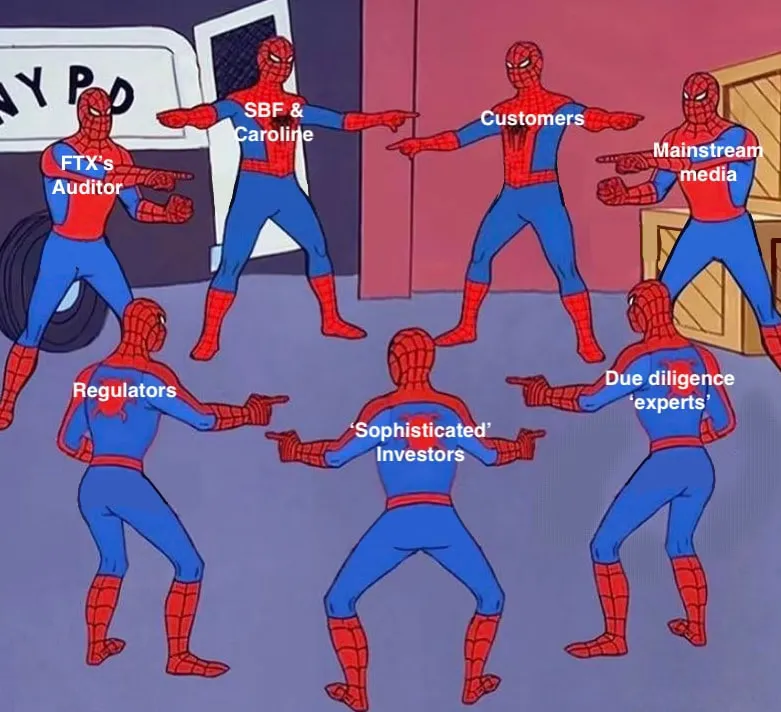 Spiderman pointing meme applied to crypto scams — FTX and similar frauds