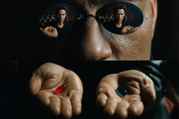 Dark glasses reflect a man weighing two capsules, above two open palms offering the red and blue pills.