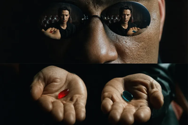 Dark glasses reflect a man weighing two capsules, above two open palms offering the red and blue pills.