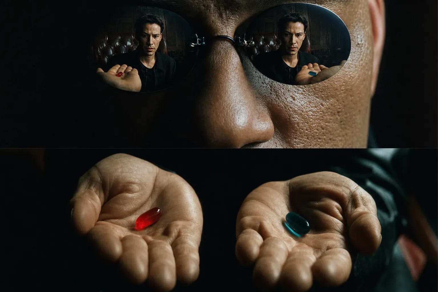 Dark round glasses reflect two versions of a man considering red and blue capsules, echoed by two open hands below.