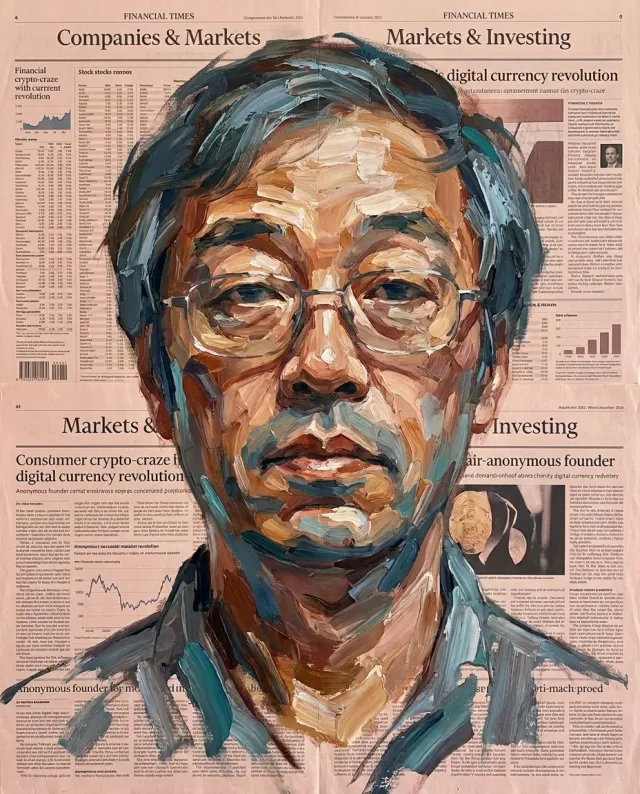 An expressive palette-knife oil portrait of Satoshi Nakamoto, Bitcoin's anonymous creator, painted over a collage of Financial Times pages and crypto-craze headlines.