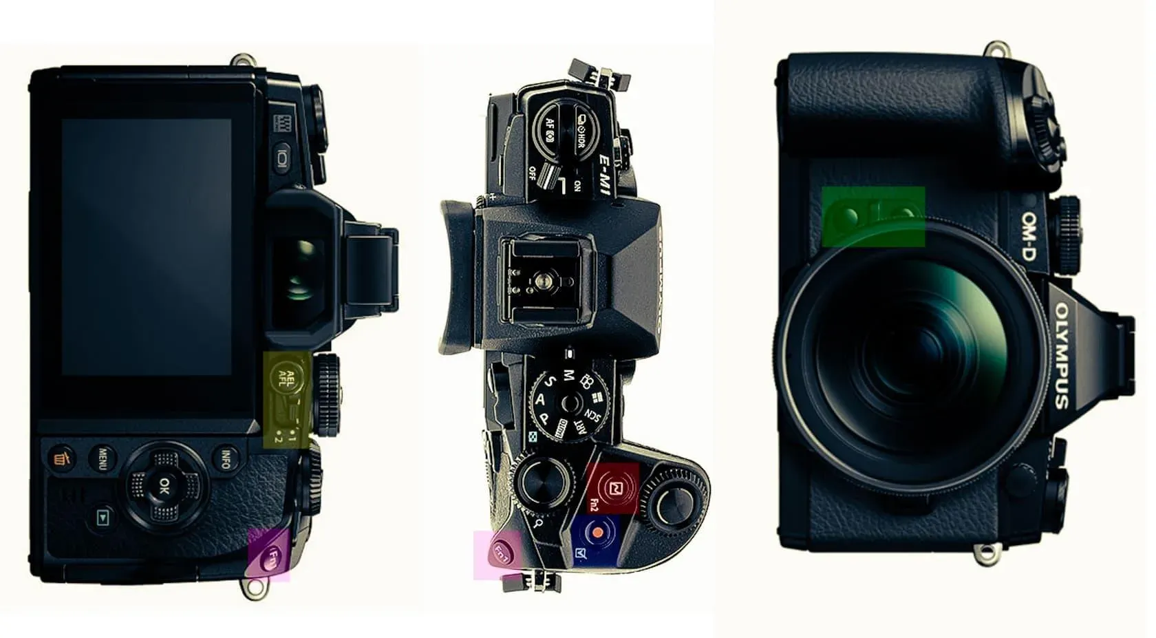 An Olympus E-M1 camera body and lenses laid out on a white surface.