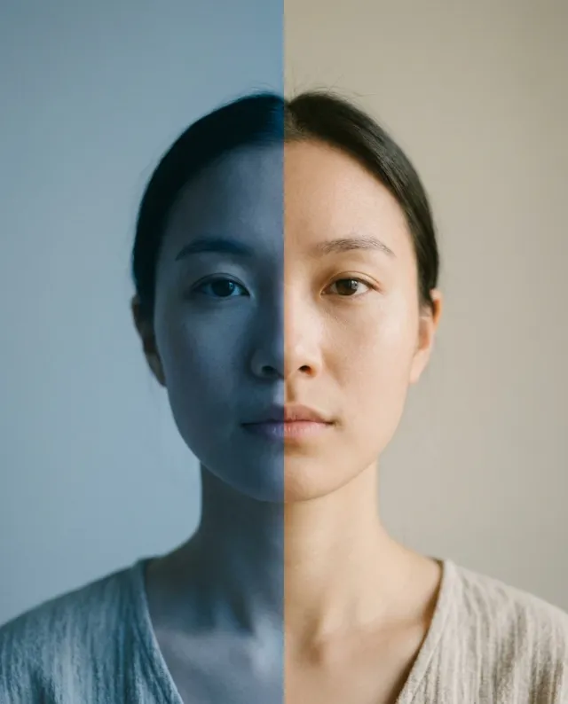 A portrait photograph of a calm face lit so one half falls in cool blue shadow and the other in warm light, split down the centre — two sides within one mind.