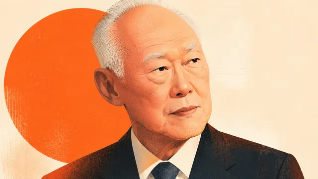 Illustrated portrait of Lee Kuan Yew in a dark suit against a cream ground, an orange sun disc rising behind him.