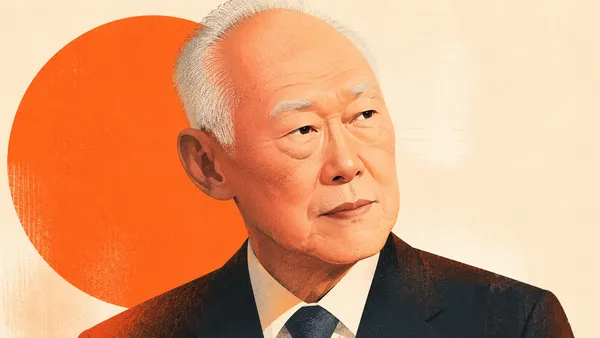 Illustrated portrait of Lee Kuan Yew in a dark suit against a cream ground, an orange sun disc rising behind him.