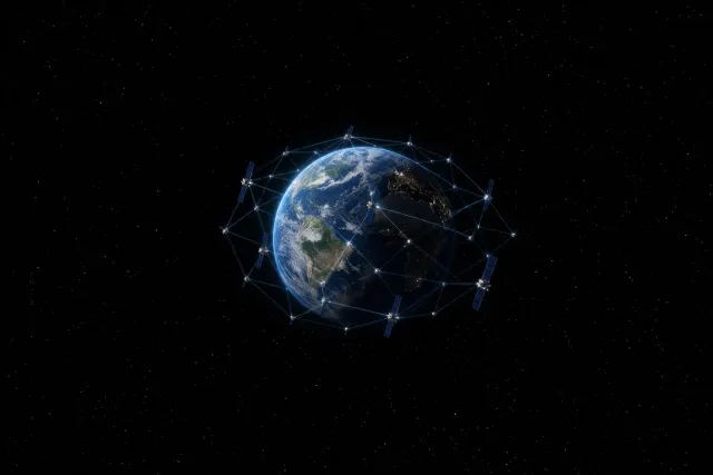 Earth seen from space, wrapped in a lattice of satellites linked node to node — a network whose worth is the number of things joined to it.