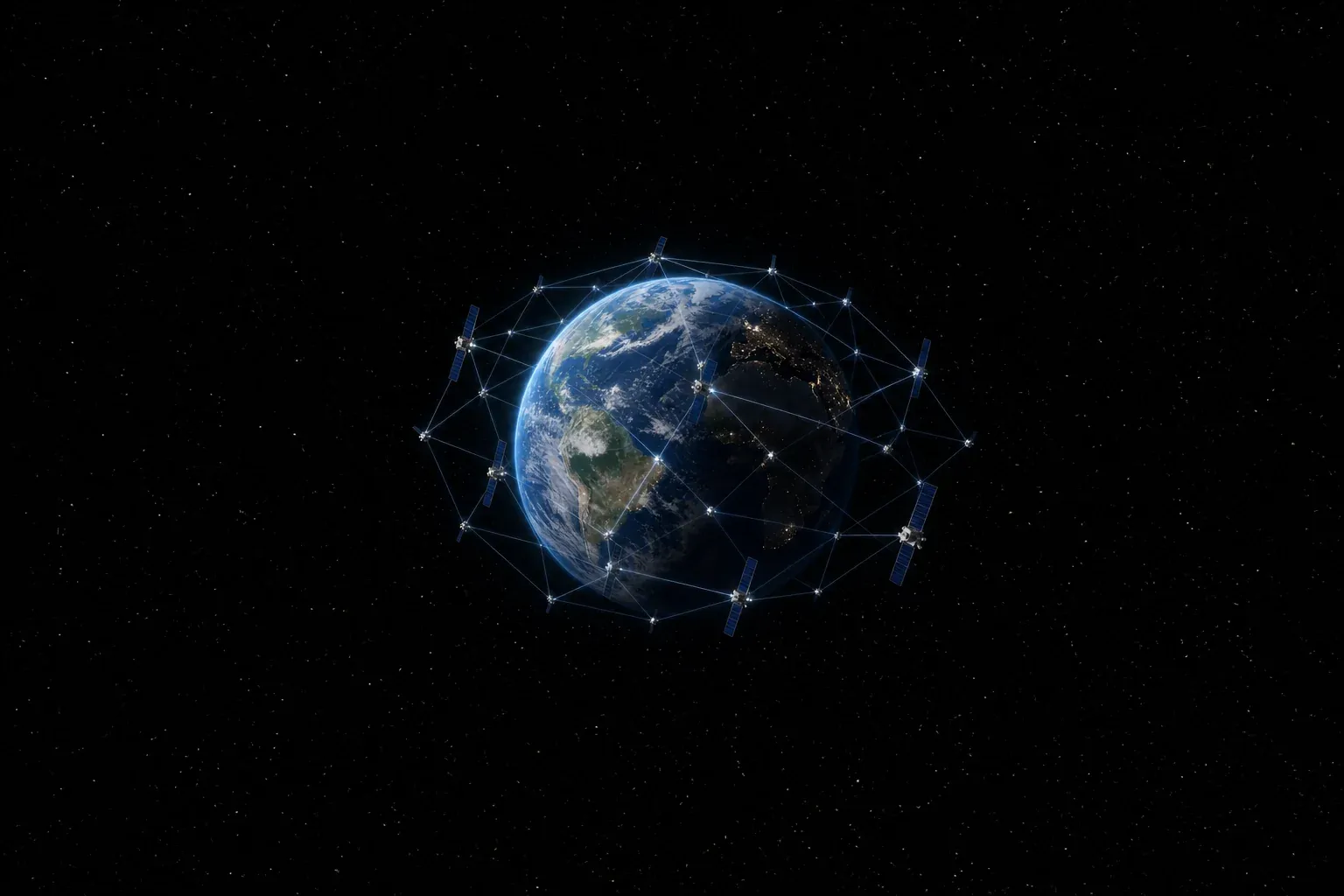 Earth seen from space, wrapped in a lattice of satellites linked node to node — a network whose worth is the number of things joined to it.