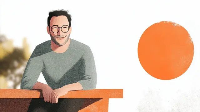 A stylised illustration of a smiling man in a grey jumper leaning on a wooden rail, an orange disc behind him.
