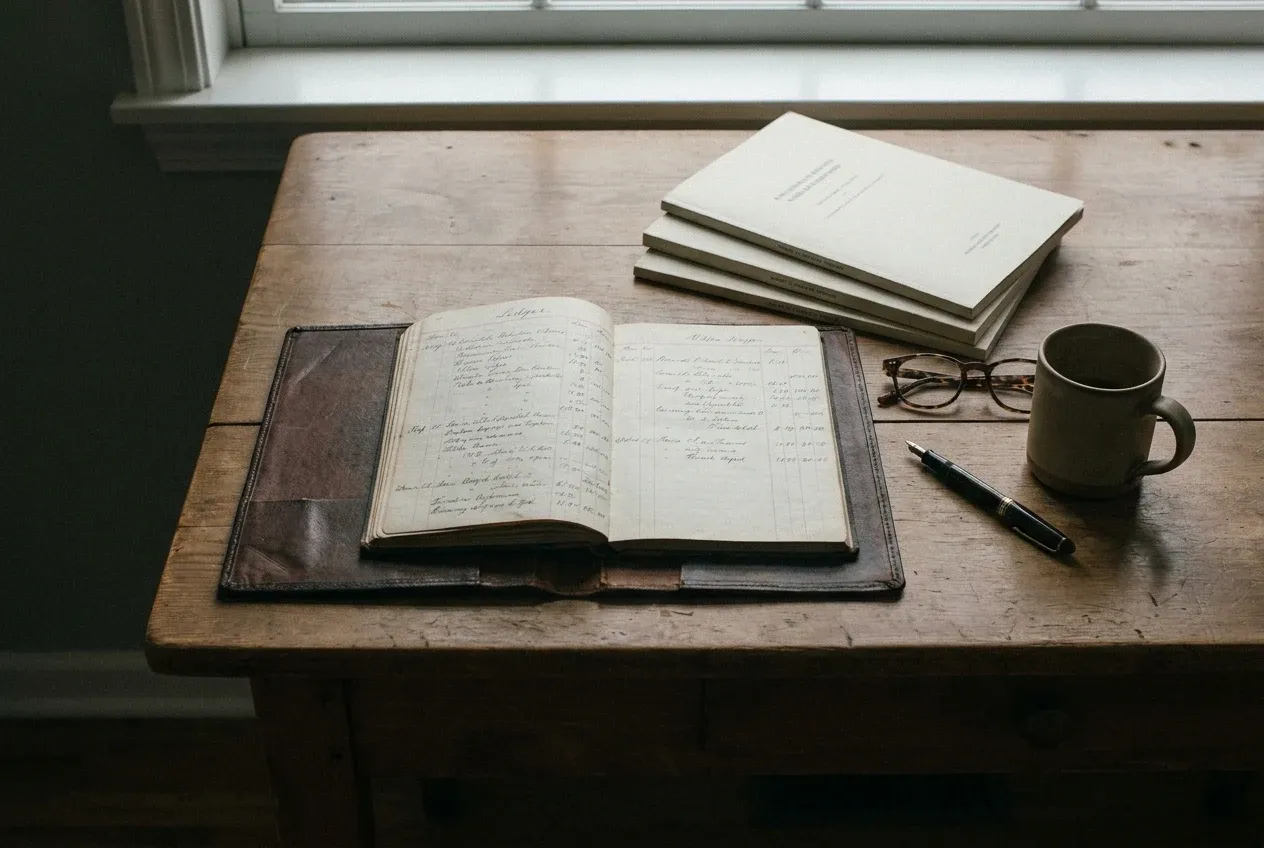 An open leather ledger of handwritten notes on a wooden desk by a window, printed company reports, reading glasses and a pen to one side in soft daylight — structure and discipline in investing.