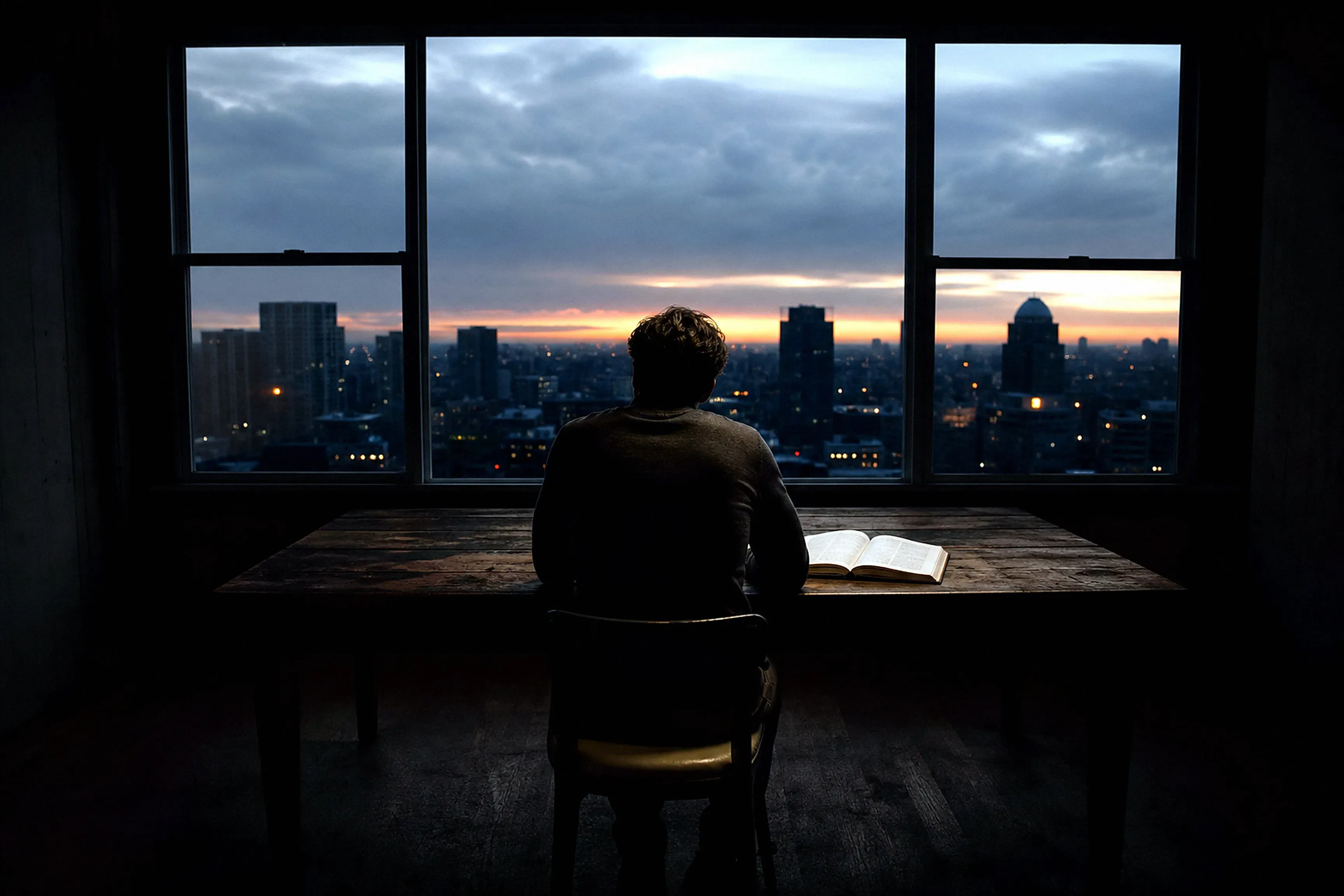 An analyst seated at a broad desk before tall windows, an open ledger, the city skyline at dawn beyond.