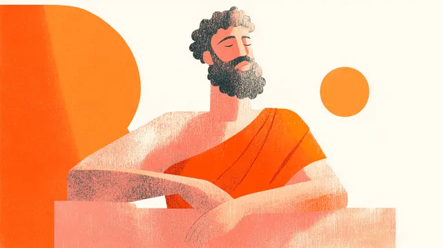 A stylised illustration of a bearded man in an orange robe seated calmly against abstract shapes, evoking a Roman Stoic.