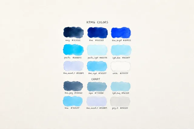 A hand-painted watercolour swatch sheet, blocks of blue ranged in rows, each lettered with its name and hex code.
