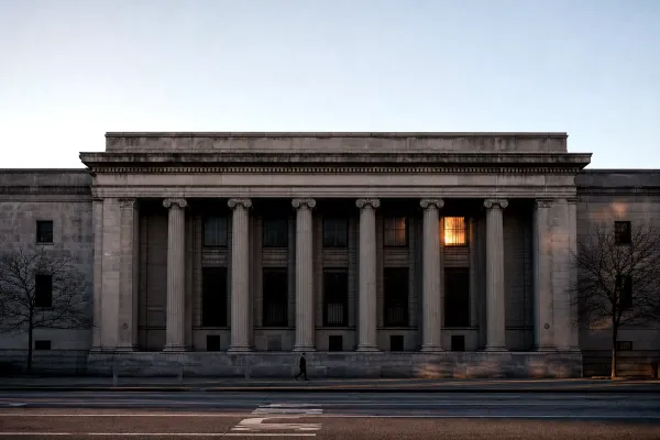 The stone facade of a grand central bank at cold dawn, one commuter passing small beneath the columns, a thin band of sunrise caught in a high window.