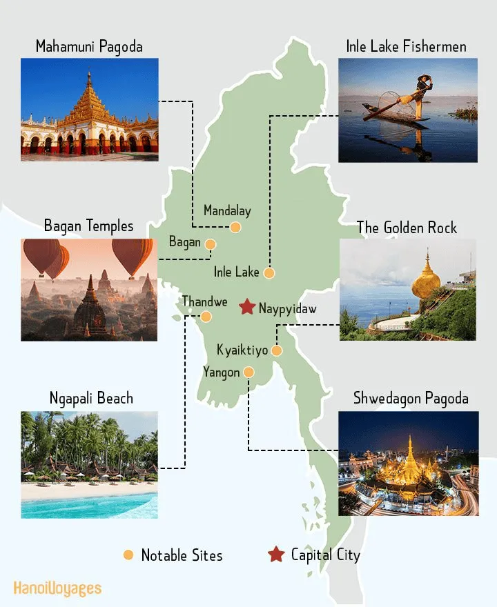 A map of Myanmar marking notable sites with photo insets — Mrauk-U, Bagan, Inle Lake, the Golden Rock, Ngapali Beach and Shwezigon Pagoda — with Naypyidaw as the capital.