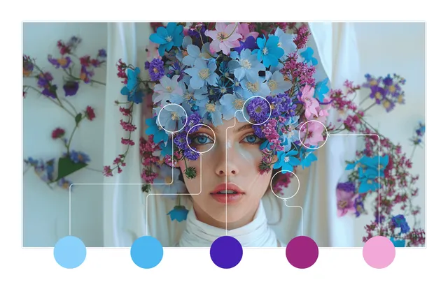 Woman wearing a vibrant flower crown with extracted colour palette.