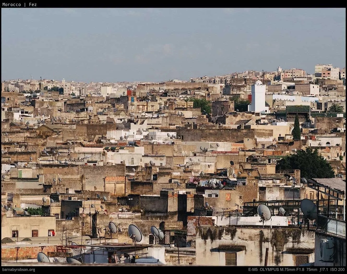 Fez, Morocco: Crowded city rooftops, a white minaret, and numerous satellite dishes.