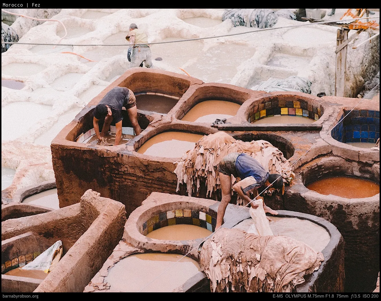 Tannery workers processing hides in numerous colourful vats.