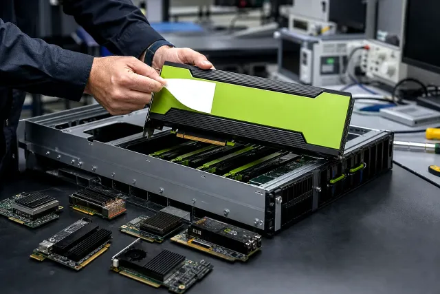 A technician lifting a large green AI accelerator card from an open server in a lab, smaller unbranded accelerator boards waiting on the workbench.