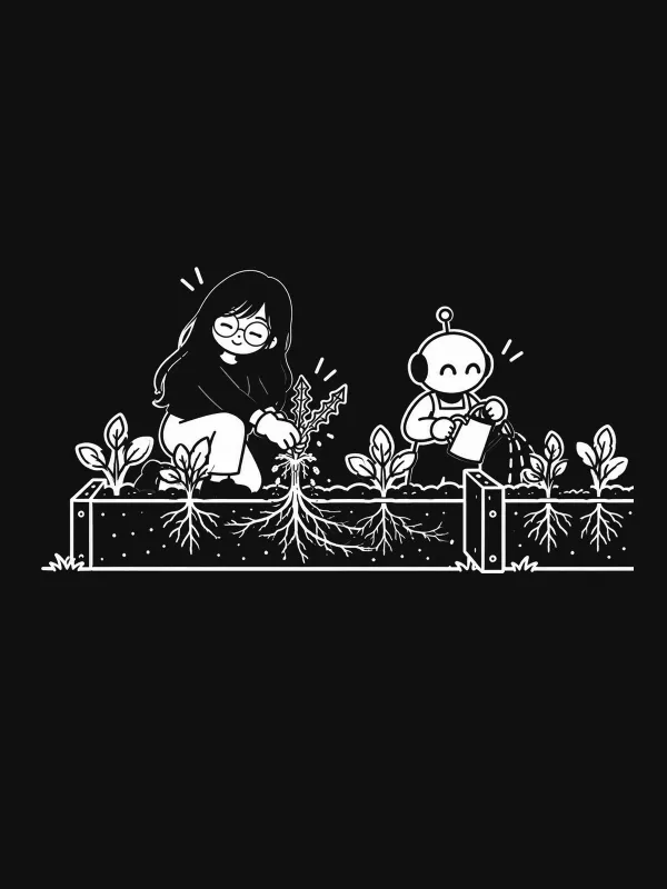 White line drawing on black: Lauren Tan pulls a weed out by its roots from a raised bed while a small robot waters the plants beside her.