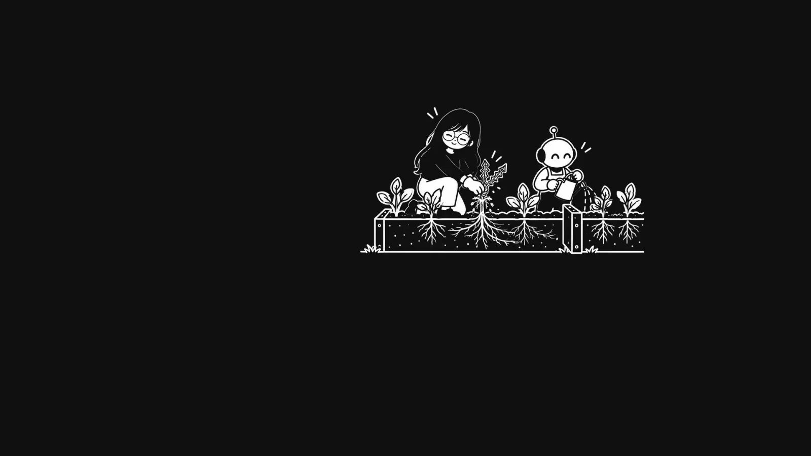 White line drawing on black: Lauren Tan pulls a weed out by its roots from a raised bed while a small robot waters the plants beside her.