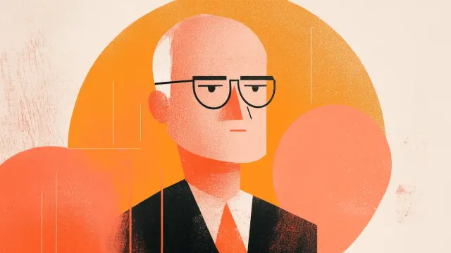 Illustration of a bald man in glasses, wearing a suit and orange tie.