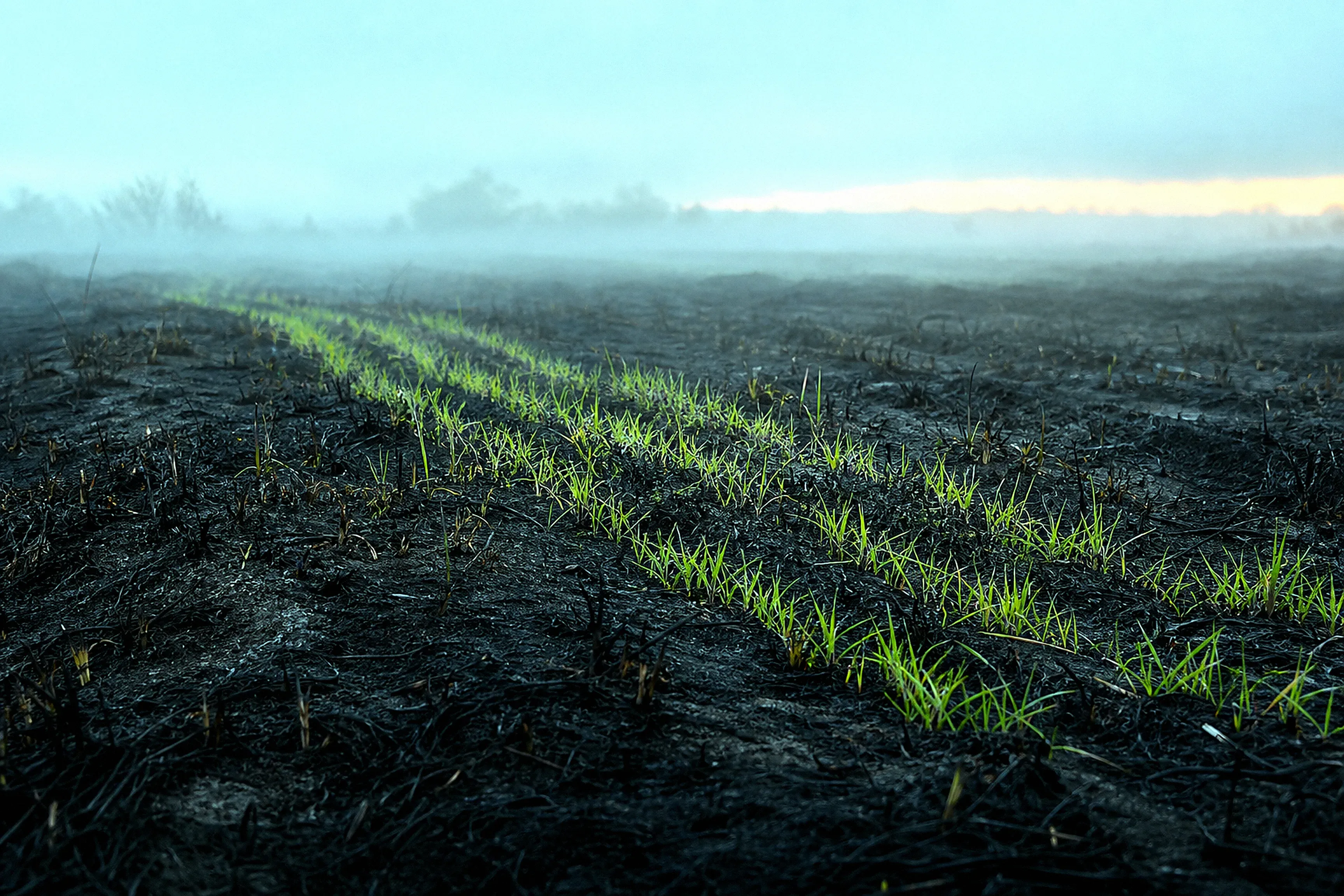 Lines of fresh green regrowth crossing a burned black field under low mist at first light.